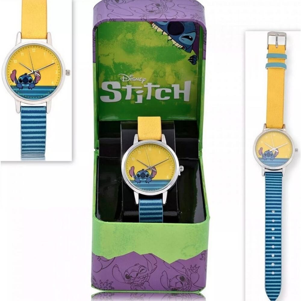 Disney Lilo and Stich Wristwatch Yellow Strap Blue Stripe Band Gift Box NEW